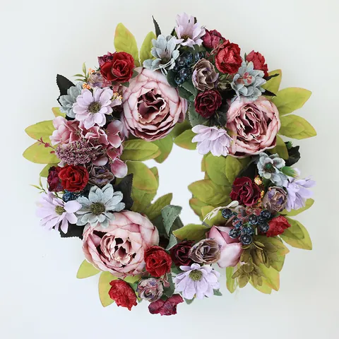 Handmade Artificial Peony Wreath European Vintage Style Silk Foam Floral Door Hanging Garland For Wedding Home Decor
