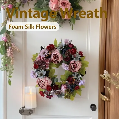 Handmade Artificial Peony Wreath European Vintage Style Silk Foam Floral Door Hanging Garland For Wedding Home Decor