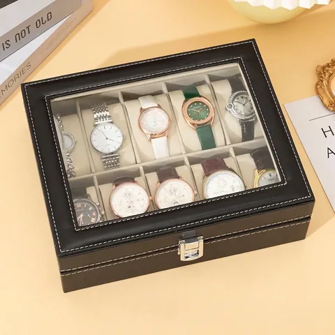 Scatola Porta Orologi in Pelle PU Organizzatore Espositore Con Finestra in Vetro E Chiusura in Metallo per Collezione Orologi