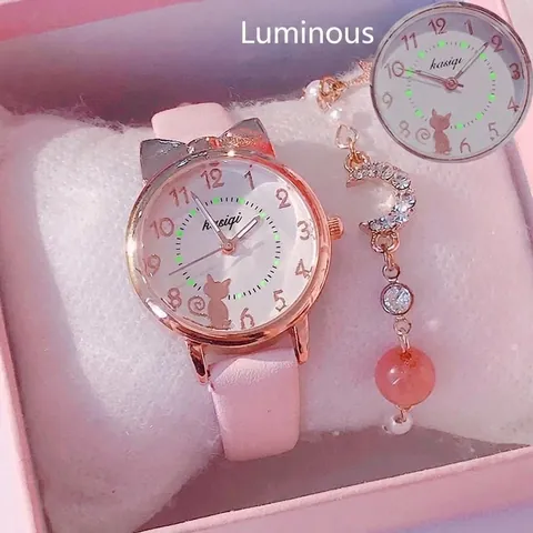 Elegante Set Orologio al Quarzo con Orecchie da Gatto e Braccialetto Abbinato per Ragazze Studenti Regalo di Compleanno Orologio Luminoso per Bambini Set Box
