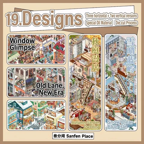 Juego de Pegatinas Escénicas DIY Estéticas de PET con Aceite Especial Stickers de Scrapbooking para Decoración de Diario Paisaje Urbano Creativo