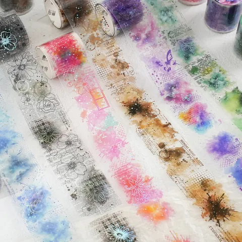 Vintage PET Hot Stamping Washi Tape Watercolor Flowing Hues Floral Butterfly Decorative Masking Tape For Journaling Scrapbooking DIY Art Craft