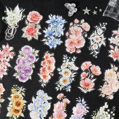 Jumbo Iridescent Floral Flower Stickers PET Transparent Glass Texture Waterproof Floral Decals For Scrapbooking DIY Journal Decoration