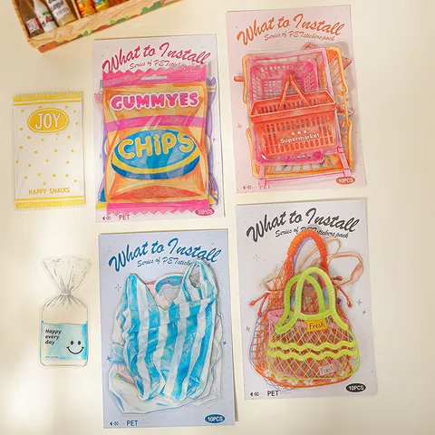 Original PET Transparent Sticker Pack What To Pack Series Shopping Grocery Basket Snack Bag Theme DIY Scrapbooking Stickers Hand Drawn Illustration Style Decorative Material