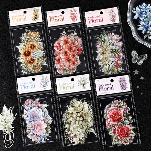 Jumbo Iridescent Floral Flower Stickers PET Transparent Glass Texture Waterproof Floral Decals For Scrapbooking DIY Journal Decoration