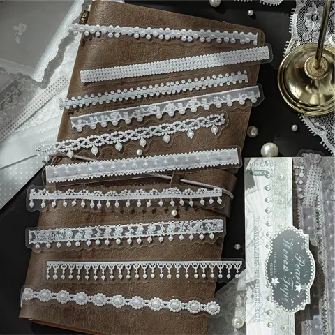 Vintage European White Ink PET Long Stickers Lace Pearl Ribbon Butterfly Decorative Scrapbooking Journaling Decoration