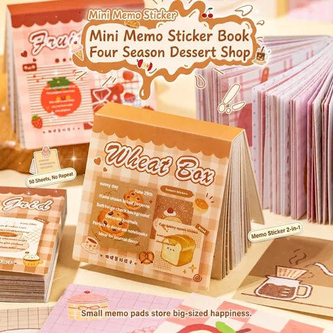 Cute Mini Sticky Note Sticker Book Hand Drawn Dessert Fruit Coffee Bread Pattern DIY Hand Account Decorative Memo Pad Stationery