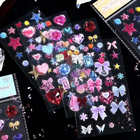 3D Resin Gemstone Stickers Glitter Heart Bow Star Patterns Decorative Stickers For Scrapbooking DIY Journal Planner Decor