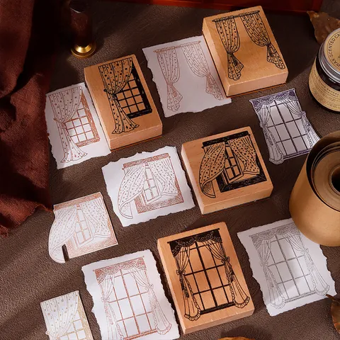 Vintage Wood Rubber Stamp Below The Window Series Curtain Window Sill Pattern For Scrapbooking DIY Journaling Craft Stamp