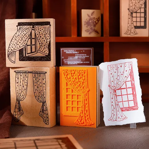 Vintage Wood Rubber Stamp Below The Window Series Curtain Window Sill Pattern For Scrapbooking DIY Journaling Craft Stamp