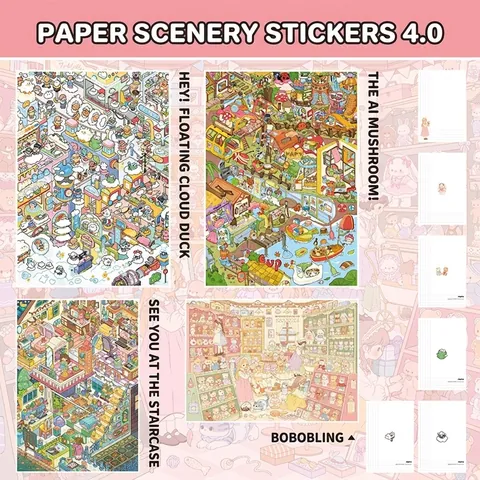 DIY Miniature Scene Stickers Waterproof PET Glossy Film Cartoon Illustration Creative Stress Relief Decorative Sticker Set