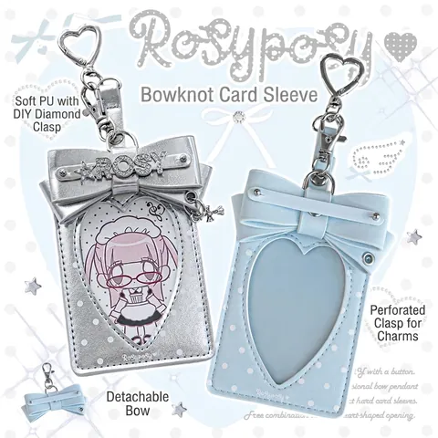 RosyPosy Bowknot Card Holder Lace Heart Window PU Leather ID Bus Card Protection Case With Heart Metal Hook Keychain For Women Girls
