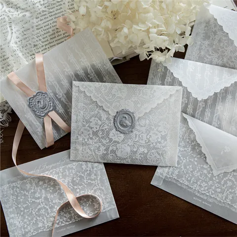 Vintage Translucent Vellum Envelope Set With Lace Floral Printed Pattern For Gift Letter Message Cards Stationery