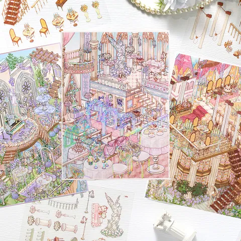 Lot de 3 Feuilles Autocollants Scénographie Argent Laser Architecture Rétro PET Papier Cartonné Matériel Collage Scrapbooking DIY