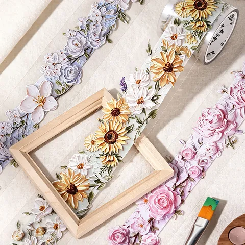 Vintage 3D Relief Floral PET Tape Oil Painting Texture Flower Decorative Stickers For Scrapbooking DIY Journaling Art Craft Planner
