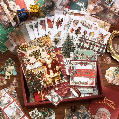 Vintage Christmas Scrapbooking Stationery Kit Retro Santa Journaling Notebook Stickers Washi Tape Decals Art Supplies