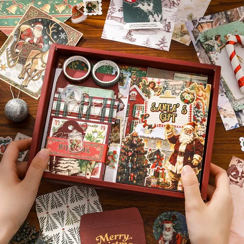 Vintage Christmas Scrapbooking Stationery Kit Retro Santa Journaling Notebook Stickers Washi Tape Decals Art Supplies
