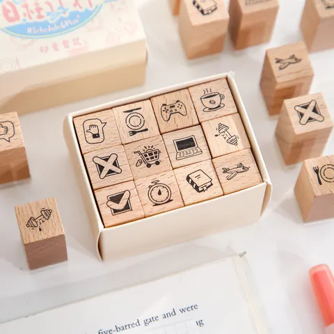 Wooden Scrapbooking Stamp Set Schedule Plan Weather Mood DIY Decorative Beechwood Craft Journaling Planner Stamps