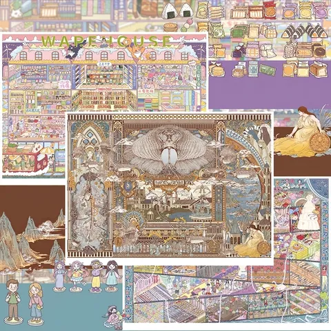 Retro Miniature Scenery Scrapbook Stickers PET Paper Material Specialty Oil Shell Luster Laser Die-Cut Scenery Stickers For DIY Journal Planner