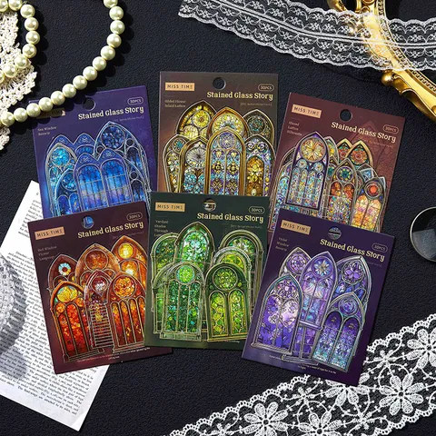 30Pcs Gothic Stained Glass PET Stickers Vintage Cathedral Window Decorative Scrapbooking Decals For DIY Journaling Planner