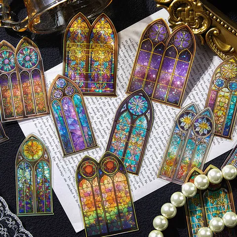30Pcs Gothic Stained Glass PET Stickers Vintage Cathedral Window Decorative Scrapbooking Decals For DIY Journaling Planner
