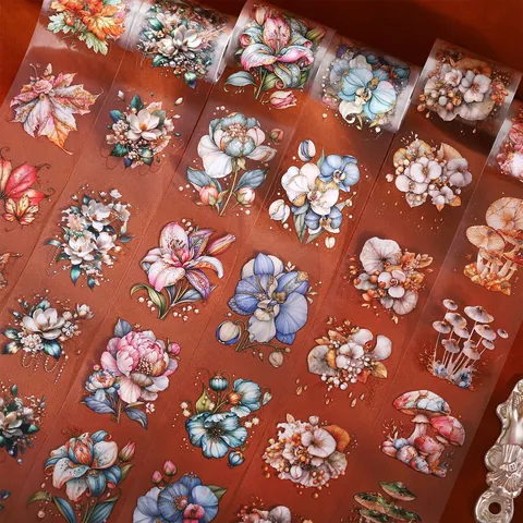 Botanical PET Decorative Tape Brilliant Like a Flower Series Plant Mushroom Floral Scrapbooking Tape for DIY Journaling Art Crafts