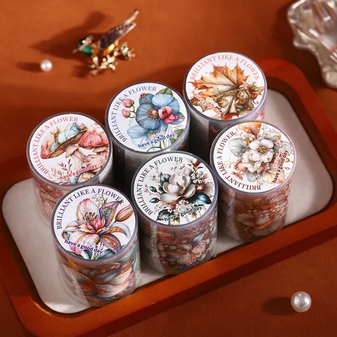 Botanical PET Decorative Tape Brilliant Like a Flower Series Plant Mushroom Floral Scrapbooking Tape for DIY Journaling Art Crafts