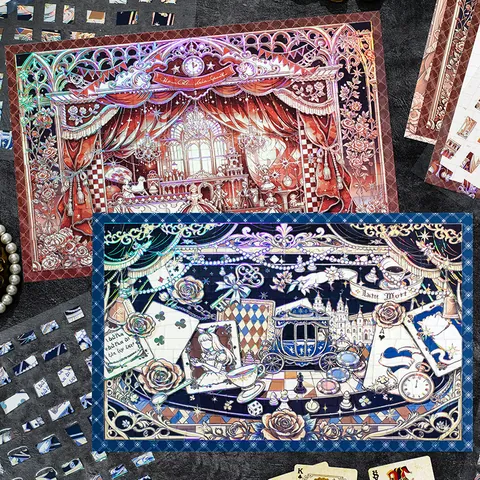 Adesivi Puzzle Stampa a Caldo 3D Vintage Opera Fantastica PET Decorazione Scena DIY Set di 4 Fogli