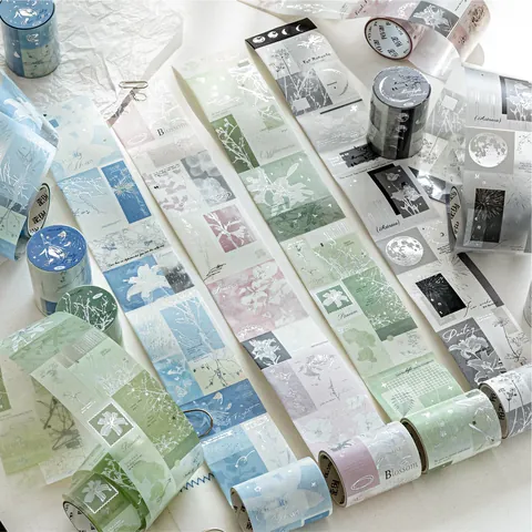 Vintage Silver Foil Washi Tape PET Die Cut Scrapbooking Supplies Floral Moon Phase Decorative Tape For DIY Journaling Art