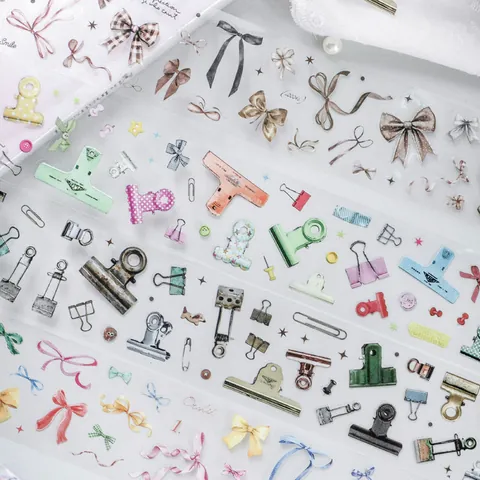 Ruban PET Vintage Nœuds Et Pinces Autocollants Scrapbooking Imperméables Matériel Pour Décoration Journal DIY