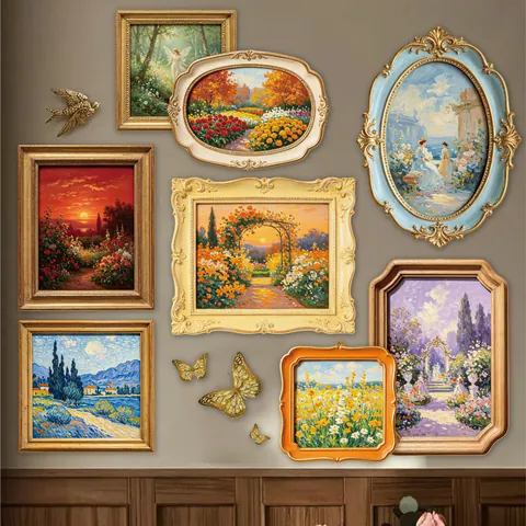 Vintage Oil Painting Art Frame Sticker Retro Landscape Flower Scrapbooking DIY Decorative Journaling Stickers Set