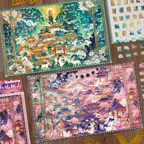 Adesivi Puzzle 3D Argentatura a Caldo in PET Decalcomanie Decorative per Collage di Paesaggi per DIY Diario Scrapbooking Arte