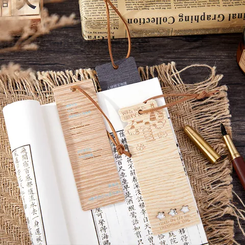 Vintage Wood Bookmark Set With Leather Cord Cute Cartoon Dog And Poem Design For Student Reading Gift Decorative Marker