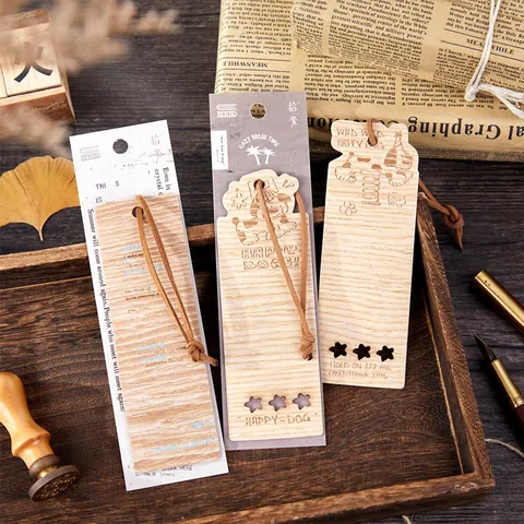 Vintage Wood Bookmark Set With Leather Cord Cute Cartoon Dog And Poem Design For Student Reading Gift Decorative Marker