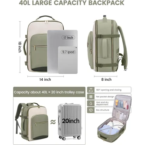 Large Capacity 40L Travel Backpack Set Waterproof 17 Inch Laptop Bag Multi-Piece Luggage Style 180 Open For Men Women