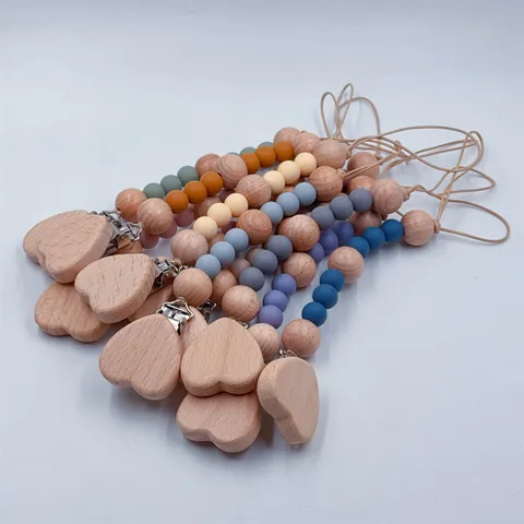 Baby Silicone Beads Pacifier Chain Beech Wood Heart Clip Soothing Nipple Anti-Drop Leash Handmade Teething Toy For Infants