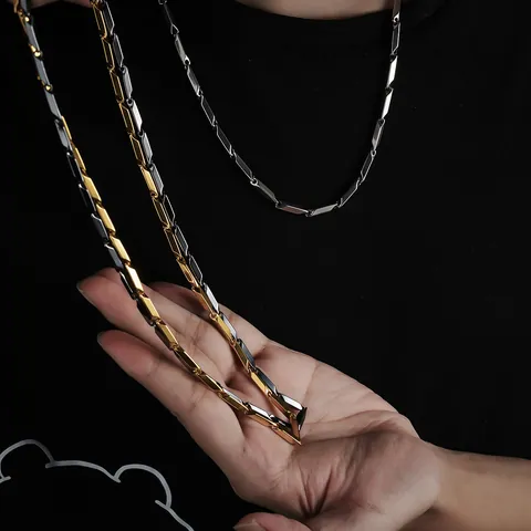 Collana a Rombo di Bambù in Acciaio al Titanio Minimalista per Donna Uomo Collana a Catena Geometrica Choker Gioielli alla Moda Hip Hop