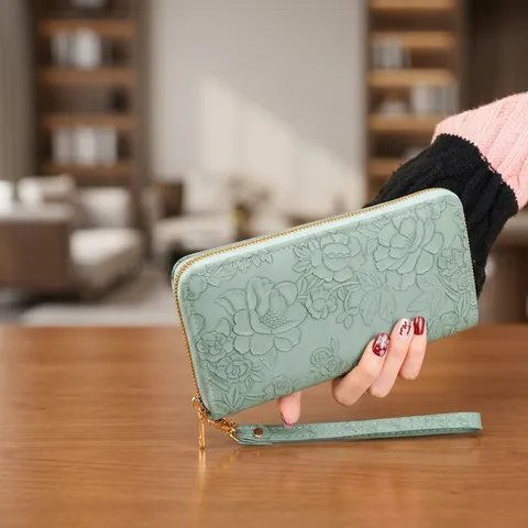 Women Long Zip Around Wallet Clutch PU Leather Flower Embossed Large Capacity Phone Holder Handbag With Wristlet Strap