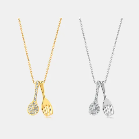 S925 Sterling Silver Creative Spoon Fork Pendant Necklace Sparkling Zirconia Inlaid Adjustable Clavicle Chain Jewelry For Women