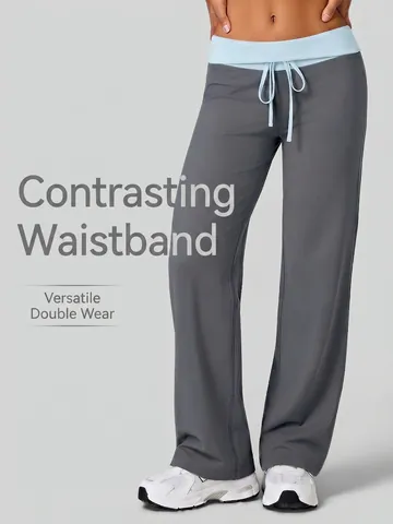 Women High Waist Fold-over Yoga Pants Contrast Color Drawstring Straight Leg Athletic Trousers For Gym Workout Casual Daily Wear Bottom