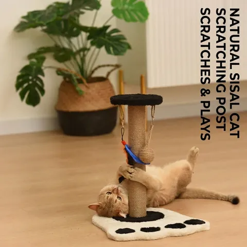 Cat Tree Scratching Post Wood Sisal Rope Cat Tower With Interactive Hanging Ball Feather For Indoor Cats Activity Center