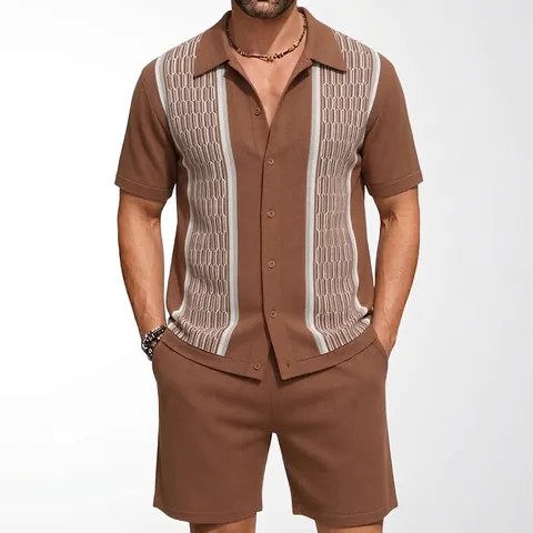 Men's Casual Knit Set Summer Short Sleeve Contrast Jacquard Knit Cardigan And Shorts Vintage Viscose Streetwear Outfits Top And Bottom