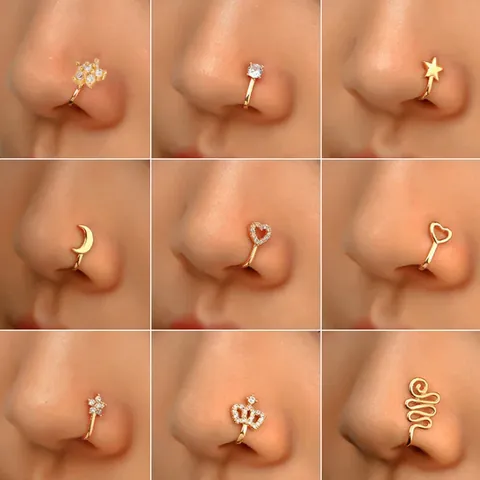 Kreativer Zirkonia Blumen Herz Stern Mond Nasenclip Für Herren Damen Kupfer U-Förmiger Falscher Nasenring Körperschmuck