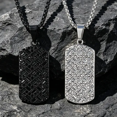 Men Pendant Necklace Titanium Stainless Steel With Black Rhinestone Geometric Dog Tag Hip Hop Rock Cool Jewelry