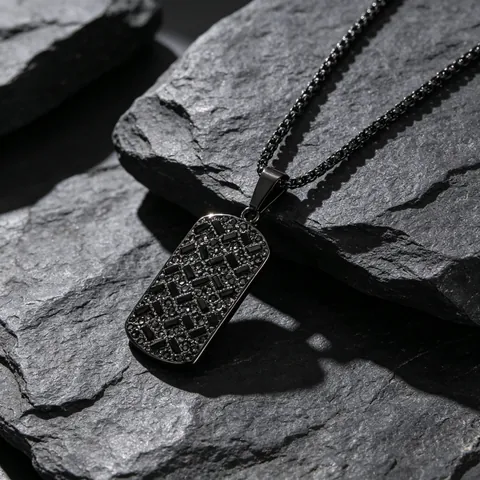 Men Pendant Necklace Titanium Stainless Steel With Black Rhinestone Geometric Dog Tag Hip Hop Rock Cool Jewelry