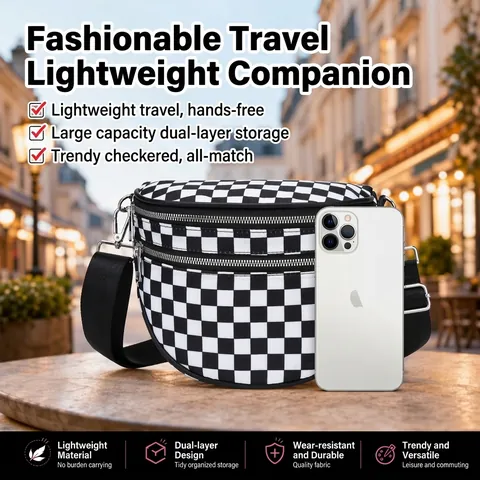 Checkerboard Crossbody Bag Women Canvas Shoulder Chest Pack Double Zipper Adjustable Strap Streetwear Casual Versatile