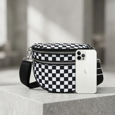Checkerboard Crossbody Bag Women Canvas Shoulder Chest Pack Double Zipper Adjustable Strap Streetwear Casual Versatile
