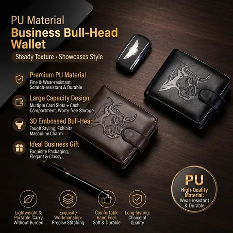 Men Bifold Wallet PU Leather Bull Head Embossed Snap Button Closure Large Capacity Business Retro Card Holder