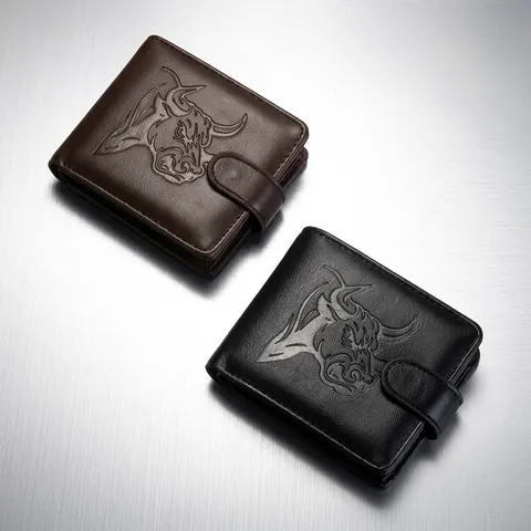 Portafoglio Uomo Pelle PU Goffratura Testa Di Toro Chiusura A Scatto Grande Capacità Business Retro Porta Carte