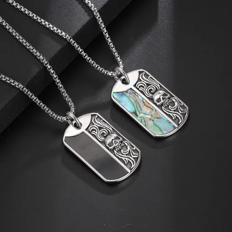 Men Stainless Steel Military Dog Tag Pendant Necklace Skull Flame Relief Abalone Shell Inlay Punk Goth Style